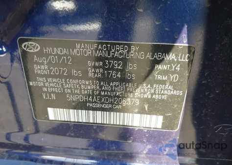 2013 Hyundai Elantra Gls/Limited z USA, uszkodzony, nr VIN 5NPDH4AEXDH206379